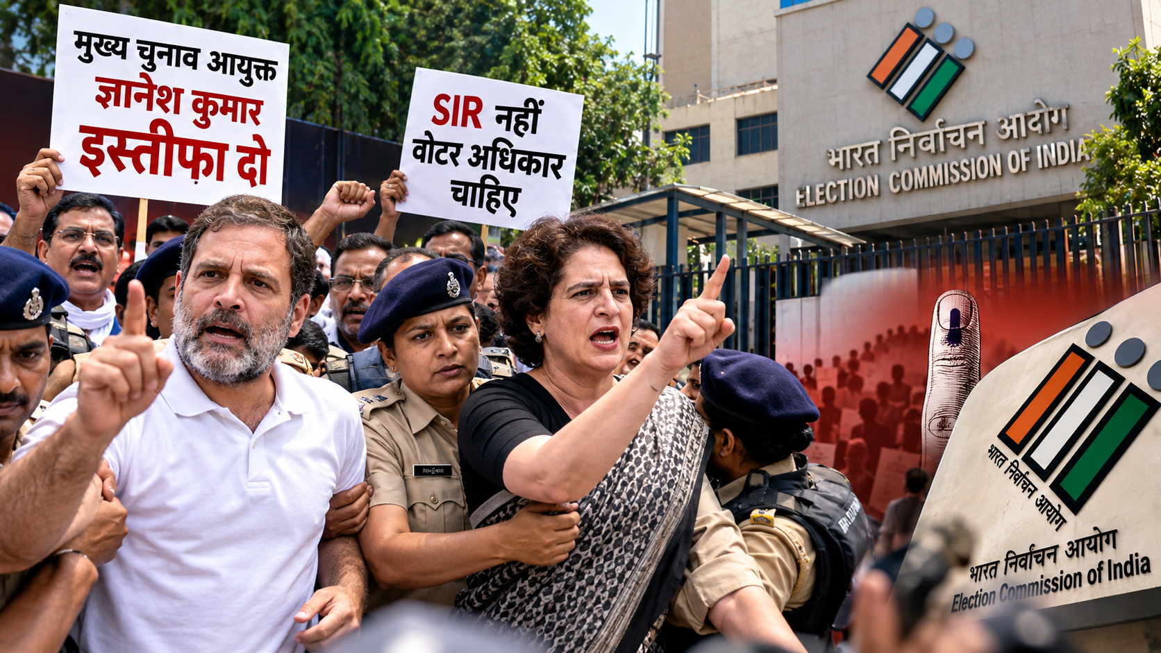 चुनाव आयोग के खिलाफ विपक्ष का प्रदर्शन, राहुल-प्रियंका समेत कई नेता हिरासत में